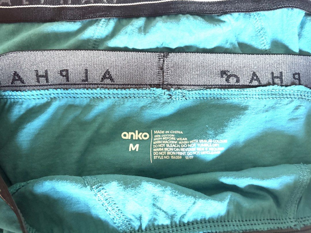 Anko Alpha Men's Briefs Turquoise Size M 2-Pack (Category: Underwear) located in Quezon City. Submitted by pool_boy (Listing ID 1468579731, Image 2). Description: Anko Alpha Male medium rise briefs - Men's briefs with standard cut and supportive front pouch seam - Medium (printed tag), fits 30-33 waist - Color: Turquoise - Material: 100% Cotton - Features: Alpha branded elastic waistband - Quantity: 2 pairs for ₱100 .