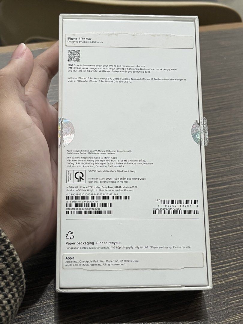 Apple iPhone 17 Pro Max Deep Blue 512GB (Category: iPhone 17 Series) located in Dasmarinas. Submitted by thriftedbygii (Listing ID 1468507704, Image 3). Description: - Model: iPhone 17 Pro Max - Color: Deep Blue - Storage: 512GB - Battery Health: 90% (333 cycle counts) - Usage: First used February 2026 - Inclusions: Original retail box and USB-C cable - Condition: Excellent, well-maintained.