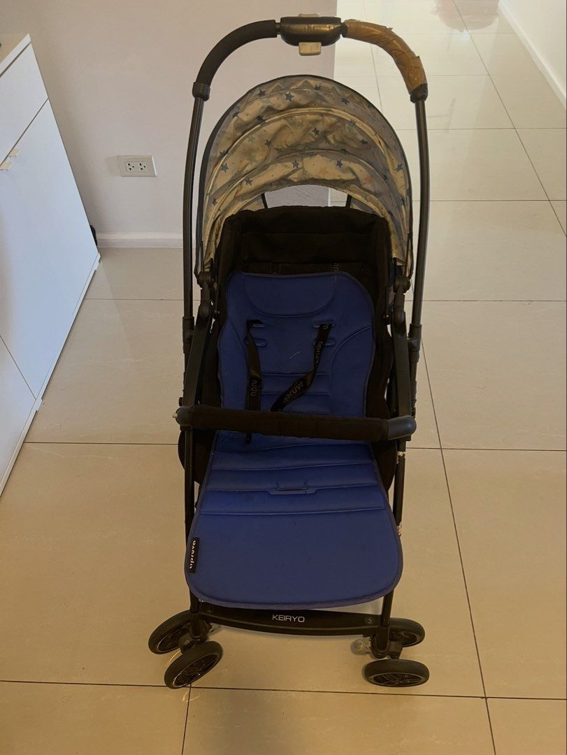 Apruva Keiryo Baby Stroller Blue (Category: Strollers) located in Manila. Submitted by jb005 (Listing ID 1468573275, Image 1). Description: - Brand/Model: Apruva Keiryo stroller - Design: Bright blue seat pad with a cute star-pattern canopy - Mobility: Smooth-rolling four-wheel base - Convenience: Folds down easily with handle controls - Condition: Great daily rider; note that the left handle grip is taped from previous wear Final price .