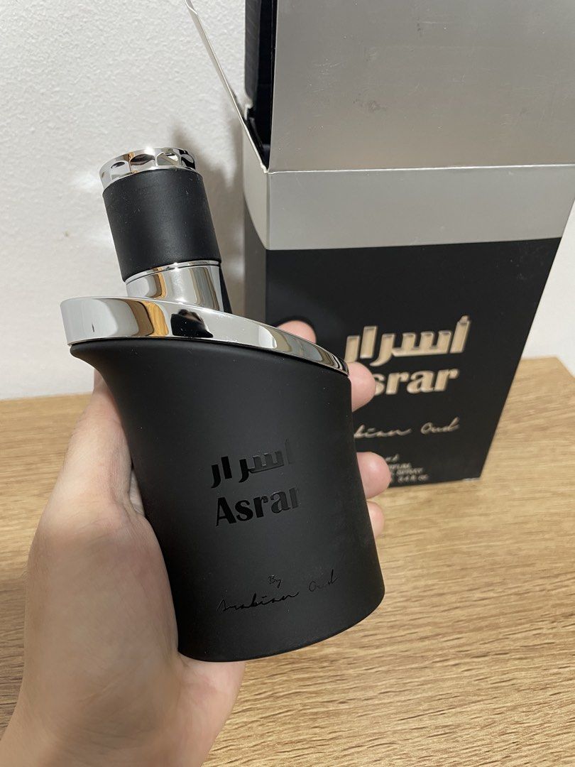Arabian Oud Asrar Eau De Parfum 100ml (Category: Fragrance & Deodorants) located in Paranaque City. Submitted by meow_1222 (Listing ID 1468510197, Image 2). Description: - Brand: Arabian Oud, bought in Riyadh Sept 2026 - Fragrance: Asrar - Size: 100ml (Vaporisateur Spray) - Scent Profile: Rich oriental - Bottle: Heavy matte black cylinder with polished silver accents - Condition: Spritzed once to try, unfortunately husband doesn’t like it - Packa