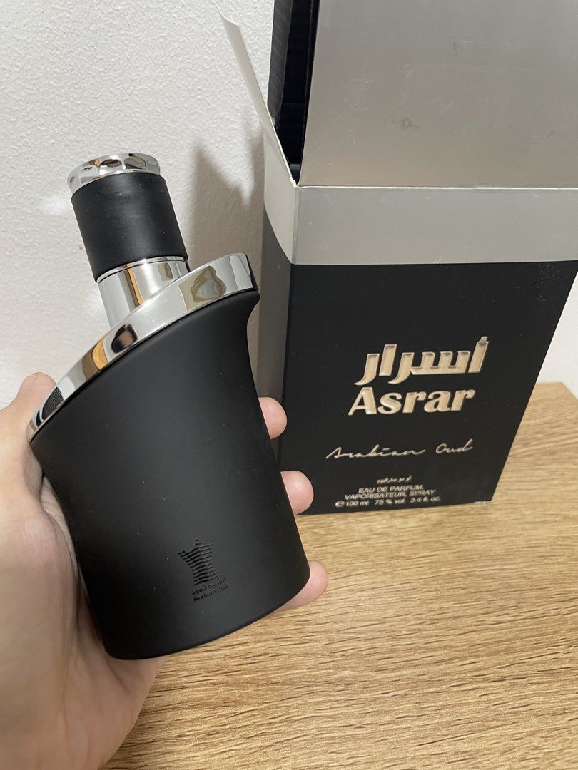 Arabian Oud Asrar Eau De Parfum 100ml (Category: Fragrance & Deodorants) located in Paranaque City. Submitted by meow_1222 (Listing ID 1468510197, Image 3). Description: - Brand: Arabian Oud, bought in Riyadh Sept 2026 - Fragrance: Asrar - Size: 100ml (Vaporisateur Spray) - Scent Profile: Rich oriental - Bottle: Heavy matte black cylinder with polished silver accents - Condition: Spritzed once to try, unfortunately husband doesn’t like it - Packa