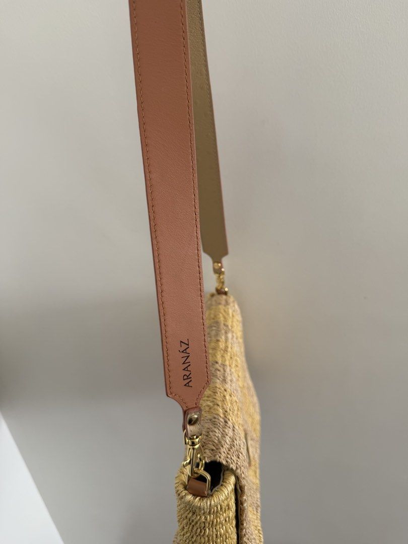 Aranaz Alex (Category: Shoulder Bags) located in Paranaque City. Submitted by balofies (Listing ID 1468660742, Image 3). Description: - Brand: Aranáz - Design: Natural and yellow vertical stripes with polished gold-tone geometric hardware - Closure: Flap closure - Strap: Removable wide strap with beige ostrich-embossed texture on one side and smooth tan leather with branded script stamp on the reverse - Style: Perfect everyday summer accessory.