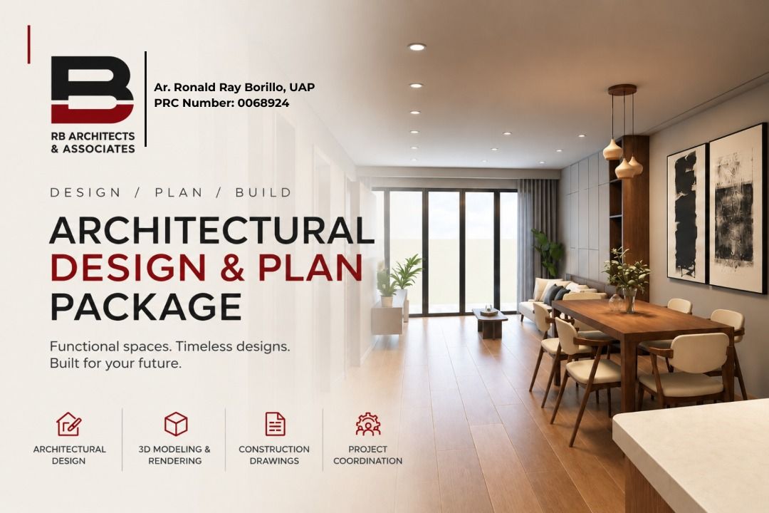 Architectural Design and Plan Package RB Architects Associates (Category: Everything Else Others) located in Manila. Submitted by rnldray (Listing ID 1468567219, Image 1). Description: Complete Architectural & Interior Design Plan Package for Residential, Commercial, Condo, and House Renovation projects. WHAT YOU RECEIVE: • Complete 2D Architectural Plans & Layouts (Digital PDF Format) • 3D Photorealistic Interior & Exterior Renders • Detailed Co