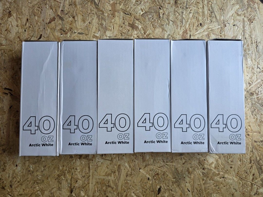 Arctic White 40oz Tumbler Boxes Set (Category: Water Bottles & Tumblers) located in Pasay City. Submitted by xsamskie (Listing ID 1468620167, Image 1). Description: - Quantity: Set of 6 boxes - Compatibility: Fits 40oz tumblers - Design: Arctic White text printed on the front - Material: Sturdy rectangular cardboard - Condition: Clean, no tears or major creases - Perfect for extra packaging or replacement storage.