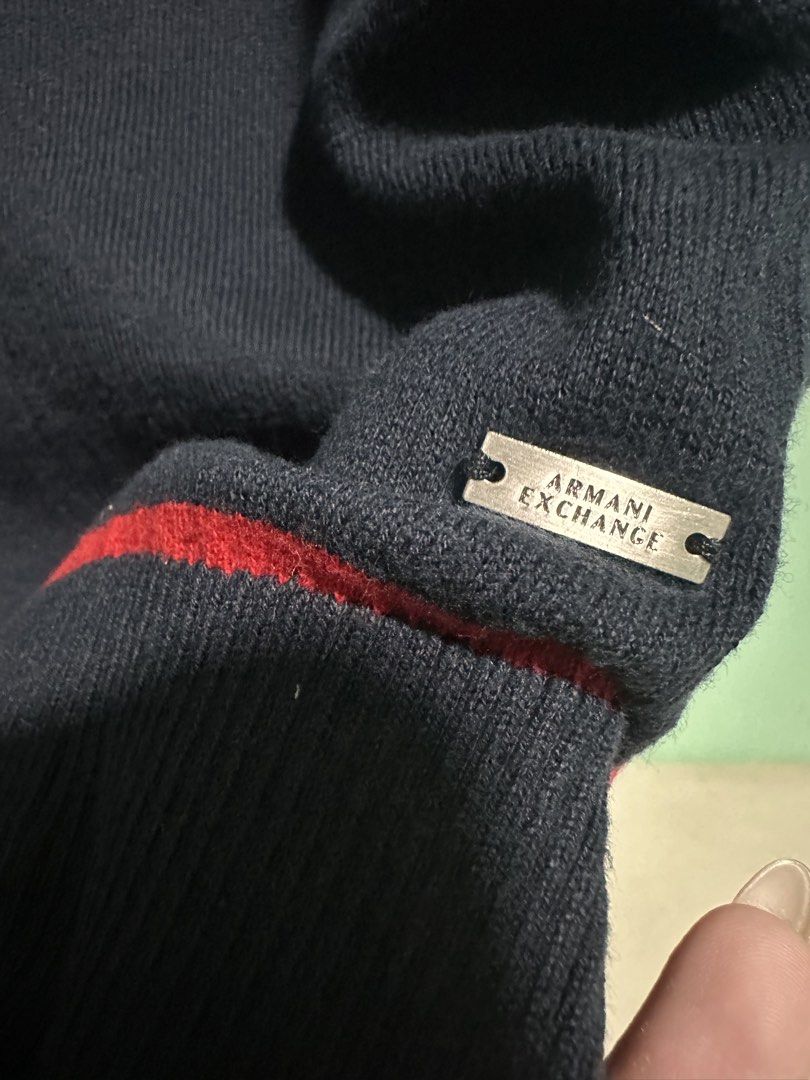 Armani Sweater (Category: Coats, Jackets and Outerwear) located in Manila. Submitted by love.lyxph (Listing ID 1468634617, Image 3). Description: Armani Exchange Sweater •navy blue V-neck sweater.