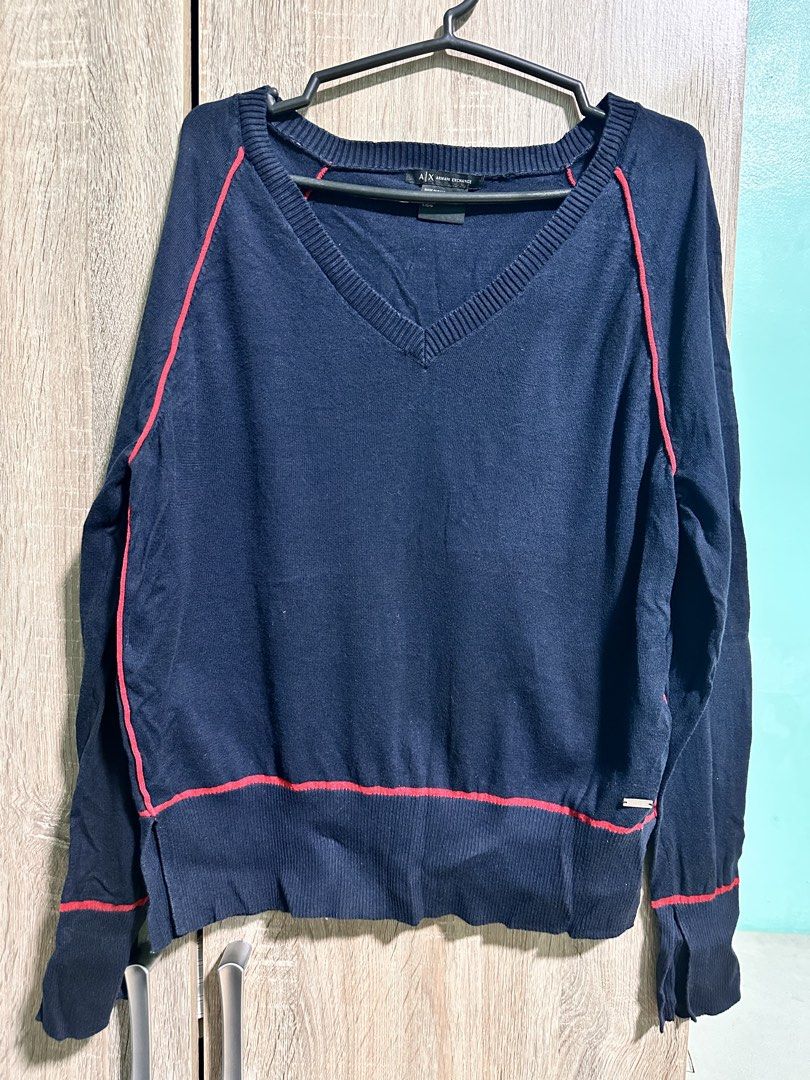 Armani Sweater (Category: Coats, Jackets and Outerwear) located in Manila. Submitted by love.lyxph (Listing ID 1468634617, Image 2). Description: Armani Exchange Sweater •navy blue V-neck sweater.