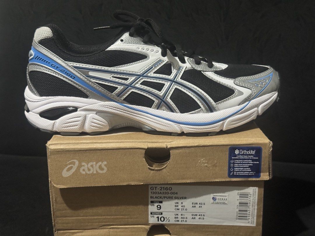 Asics GT-2160 Black Pure Silver Men US 9 (Category: Sneakers) located in Rodriguez. Submitted by leo_mjjmpj (Listing ID 1468528855, Image 1). Description: - Model: Asics GT-2160 - Colorway: Black / Pure Silver with Blue accents - Size: Men's US 9 / EUR 42.5 - Comfort: Features Ortholite comfort foam insoles - Packaging: Complete with original Asics shoebox - Style Code: 1203A320-004.