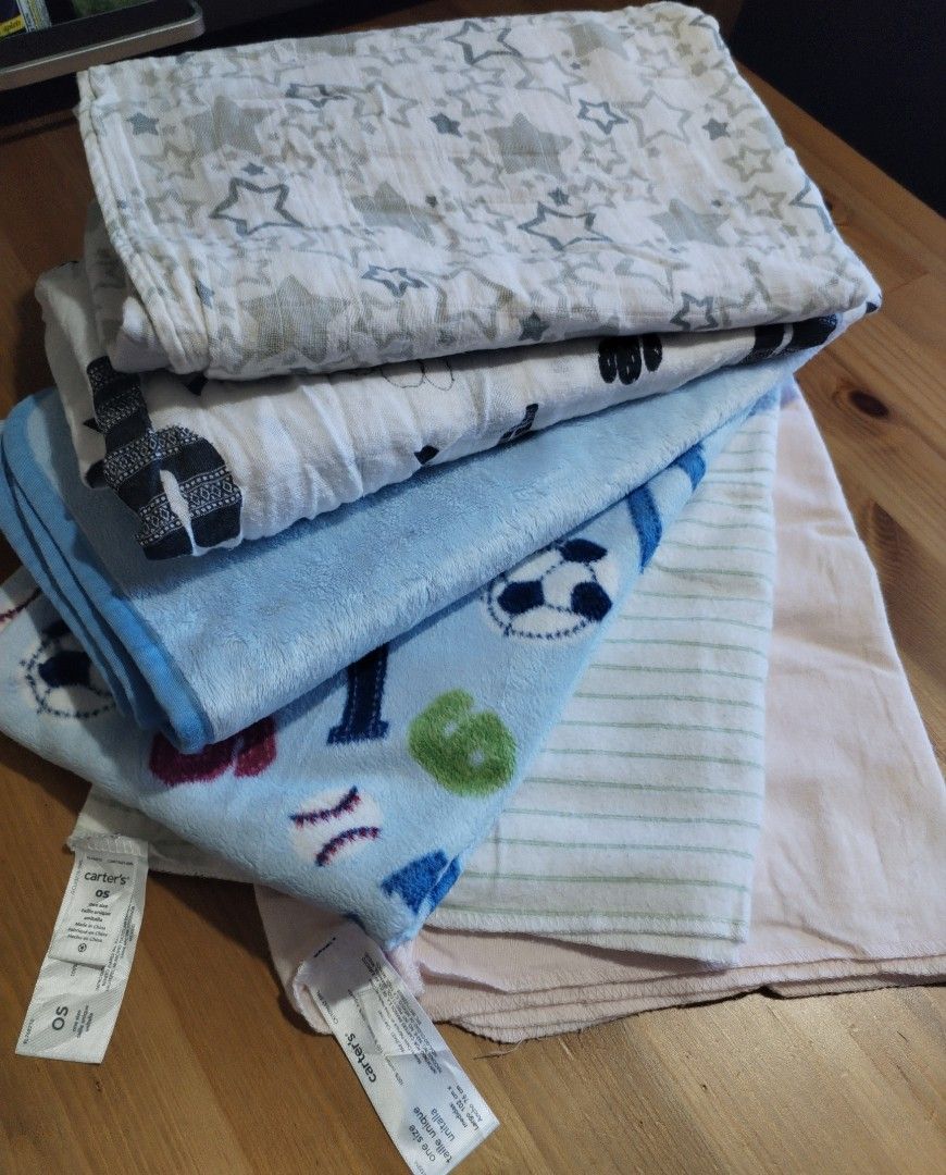 Assorted Baby blankets (Category: Other Baby Bathing & Changing Needs) located in Muntinlupa City. Submitted by arciagamaryann68 (Listing ID 1468595631, Image 1). Description: - Assorted set of baby blankets and swaddles - Features various cute patterns including cacti, stars, sports balls, and stripes - Includes soft plush and breathable cotton-like fabrics - Selected items feature Carter's branding - Excellent pre-loved condition, clean and wel