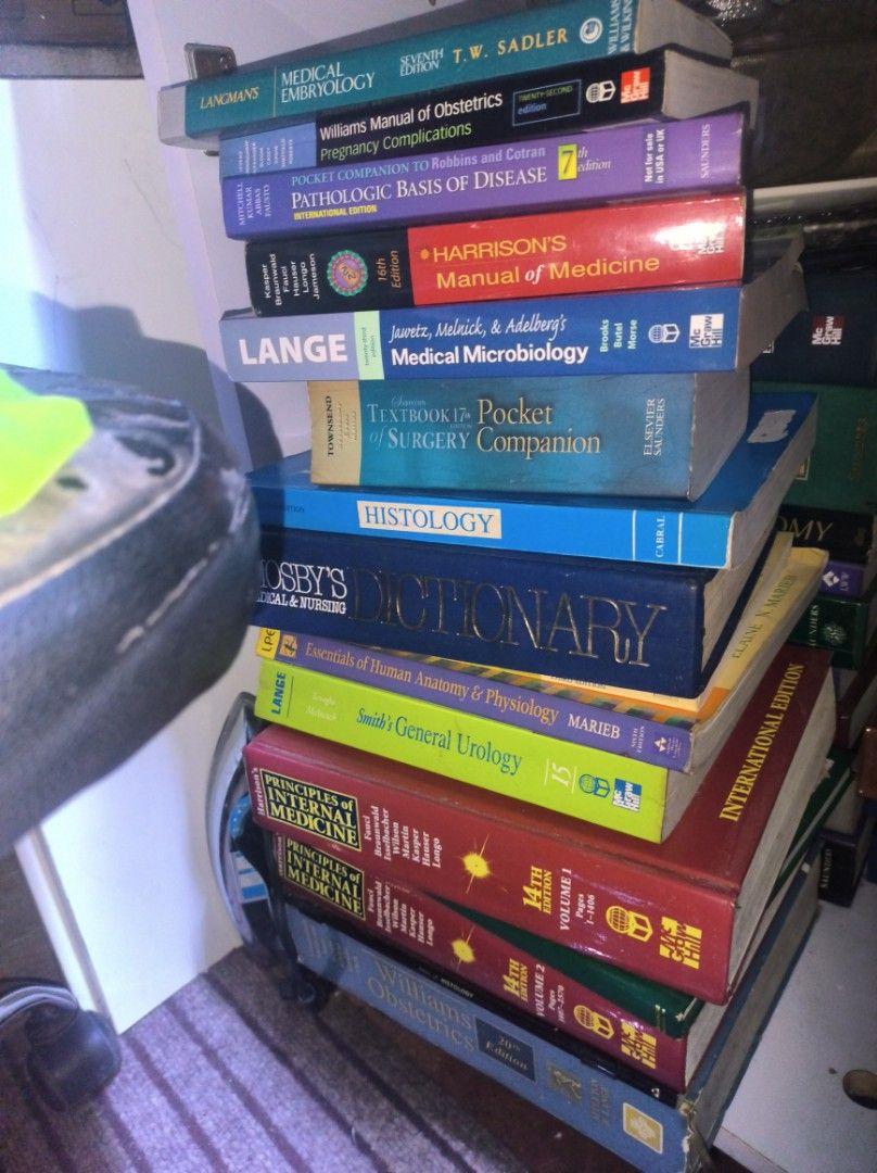 Assorted Medical and Nursing Textbooks Lot (Category: Textbooks) located in Manila. Submitted by leivon (Listing ID 1468551326, Image 1). Description: - Collection of essential medical textbooks and clinical references - Includes major titles like Harrison's Principles of Internal Medicine, Nelson Textbook of Pediatrics, and Principles of Neurology - Covers surgery, anatomy, physiology, microbiology, obstetrics, and pathology across multiple edit
