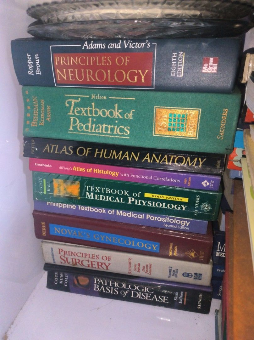 Assorted Medical and Nursing Textbooks Lot (Category: Textbooks) located in Manila. Submitted by leivon (Listing ID 1468551326, Image 2). Description: - Collection of essential medical textbooks and clinical references - Includes major titles like Harrison's Principles of Internal Medicine, Nelson Textbook of Pediatrics, and Principles of Neurology - Covers surgery, anatomy, physiology, microbiology, obstetrics, and pathology across multiple edit