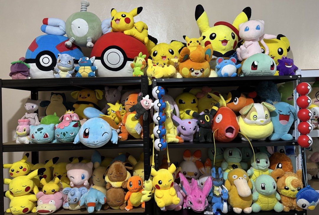 Assorted Pokemon plush toy collection various characters (Category: Plushies & Soft Toys) located in Cainta. Submitted by mayhroeen (Listing ID 1468688742, Image 1). Description: Massive collection of Pokemon plushies stacked on shelves. Includes Pikachu, Squirtle, Mew, Charmander, Snorlax, Eevee, and many more. Various sizes and designs, plus Pokéball plush cushions and crossbody bags. Great for collectors or fans wanting to grab multiple plush 