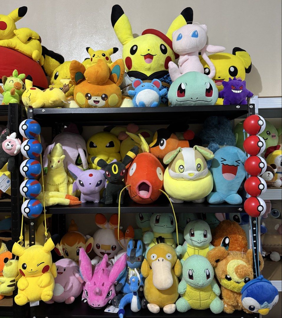 Assorted Pokemon plush toy collection various characters (Category: Plushies & Soft Toys) located in Cainta. Submitted by mayhroeen (Listing ID 1468688742, Image 3). Description: Massive collection of Pokemon plushies stacked on shelves. Includes Pikachu, Squirtle, Mew, Charmander, Snorlax, Eevee, and many more. Various sizes and designs, plus Pokéball plush cushions and crossbody bags. Great for collectors or fans wanting to grab multiple plush 