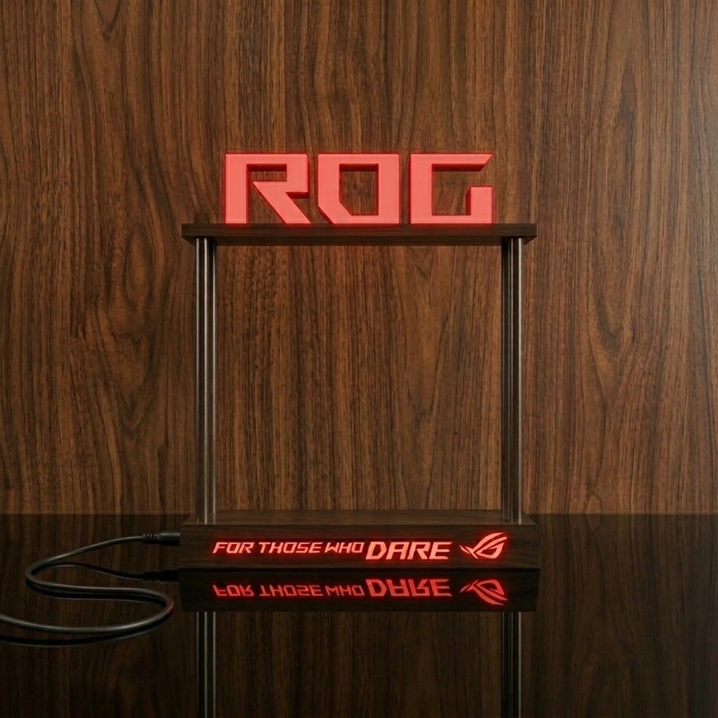ASUS ROG Display Stand (Category: Other Gadgets) located in Las Pinas. Submitted by nyelzitro (Listing ID 1468638142, Image 1). Description: ASUS ROG acrylic display stand - Features bright red LED 'ROG' lettering and slogan - Stylish wood-grain base and top shelf with metal supports - Plugs in using a standard power cable - Clean build, perfect centerpiece for gaming setups - Uses Type-C Cable Color: ✅️ Black Condition: ✅️ 9.5/10 Inclusions: ✅️ 