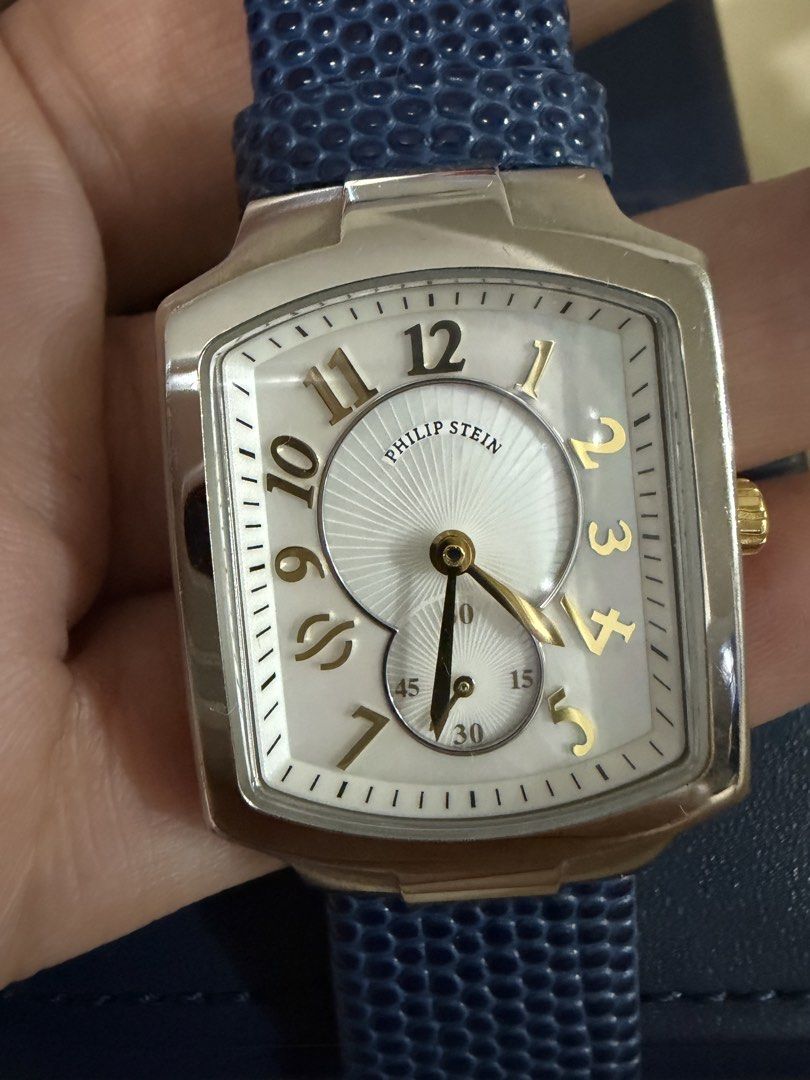 Authentic Philip Stein rectangular luxury watch with blue textured strap (Category: Women's Watches) located in Quezon City. Submitted by rc1415 (Listing ID 1468578531, Image 3). Description: Authentic Philip Stein Square watch Prestine Condition RFS: watch upgrade NO TO LOW BALLERS.