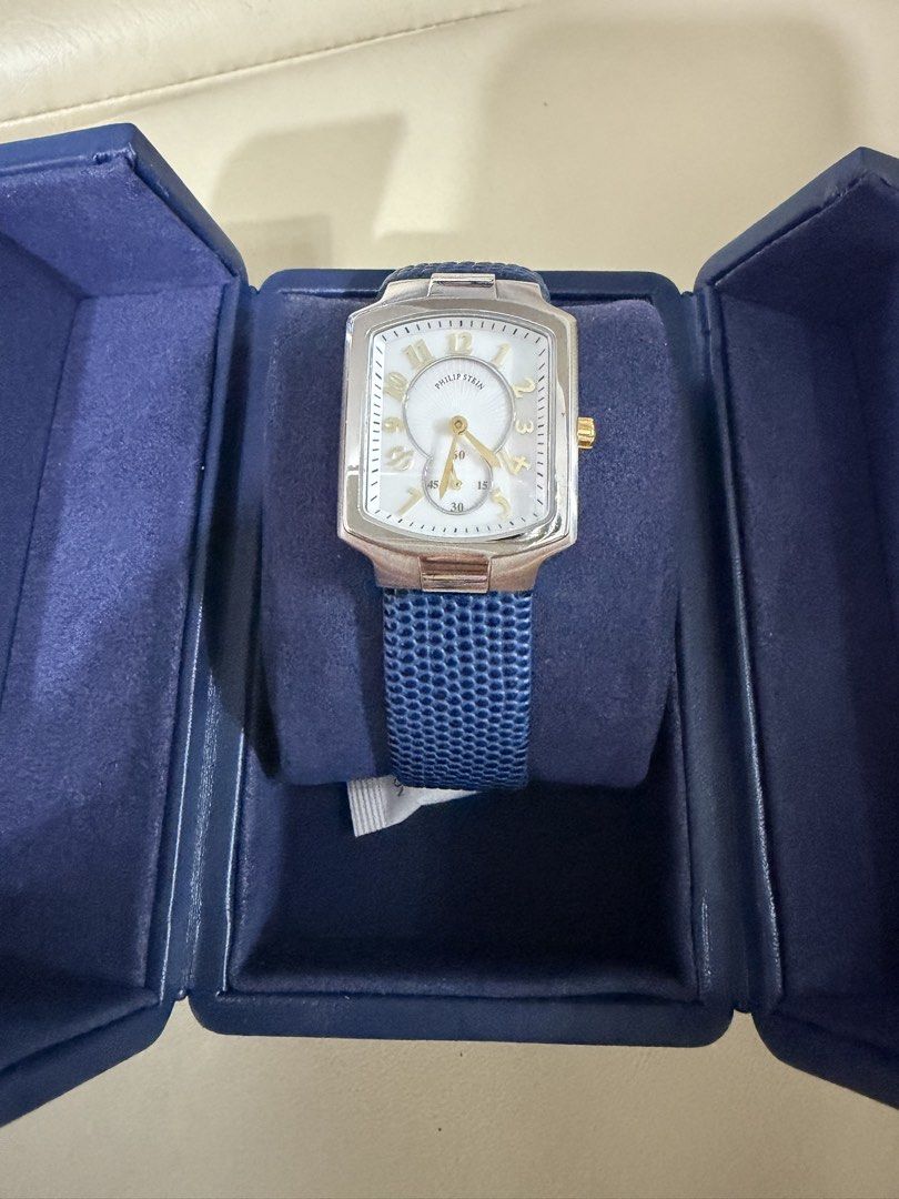 Authentic Philip Stein rectangular luxury watch with blue textured strap (Category: Women's Watches) located in Quezon City. Submitted by rc1415 (Listing ID 1468578531, Image 2). Description: Authentic Philip Stein Square watch Prestine Condition RFS: watch upgrade NO TO LOW BALLERS.