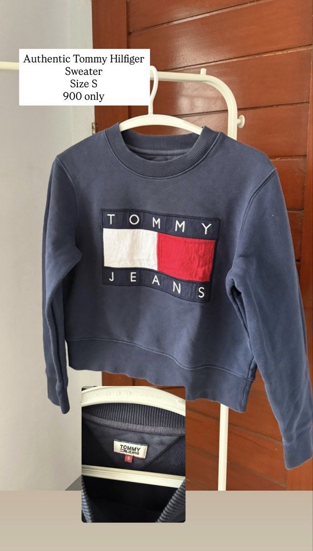 Authentic Tommy Hilfiger Sweatshirt Size S (Category: Coats, Jackets and Outerwear) located in Batangas. Submitted by gaprelovedthings (Listing ID 1468589962, Image 1). Description: - Brand: Authentic Tommy Hilfiger - Color: Navy Blue - Design: Classic bold flag logo patch on chest - Size: Small (S tag attached) - Condition: Clean, easy to style for casual outfits - Price: ₱900 only.