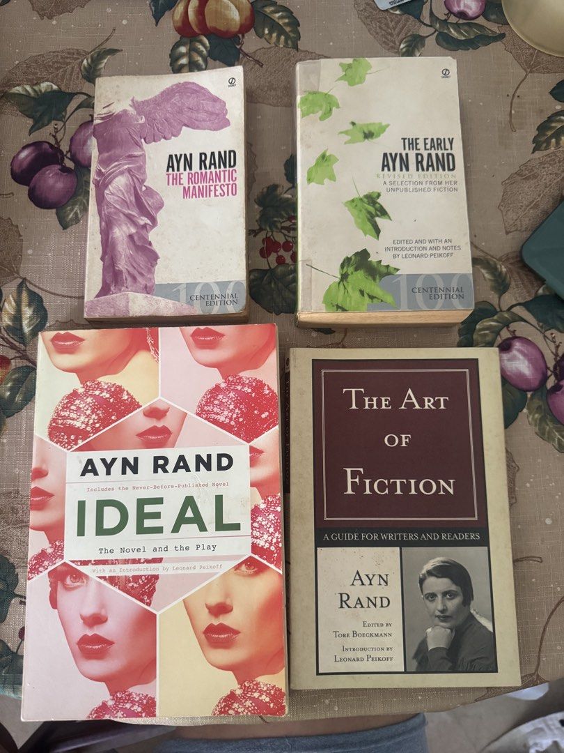 Ayn Rand Book Bundle - 4 Novels and Non-Fiction (Category: Storybooks) located in Paranaque City. Submitted by jiggybautista (Listing ID 1468564767, Image 3). Description: - Set of 4 Ayn Rand paperbacks - Titles included: The Romantic Manifesto, The Early Ayn Rand, Ideal, and The Art of Fiction - Condition: Shows minor shelf wear and creasing along spines and edges, but pages are fully intact and very readable. The romantic manifesto has some ann
