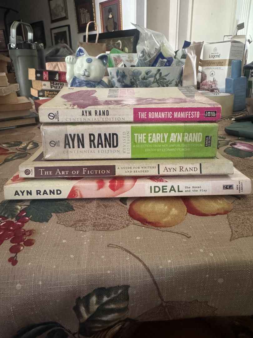 Ayn Rand Book Bundle - 4 Novels and Non-Fiction (Category: Storybooks) located in Paranaque City. Submitted by jiggybautista (Listing ID 1468564767, Image 1). Description: - Set of 4 Ayn Rand paperbacks - Titles included: The Romantic Manifesto, The Early Ayn Rand, Ideal, and The Art of Fiction - Condition: Shows minor shelf wear and creasing along spines and edges, but pages are fully intact and very readable. The romantic manifesto has some ann
