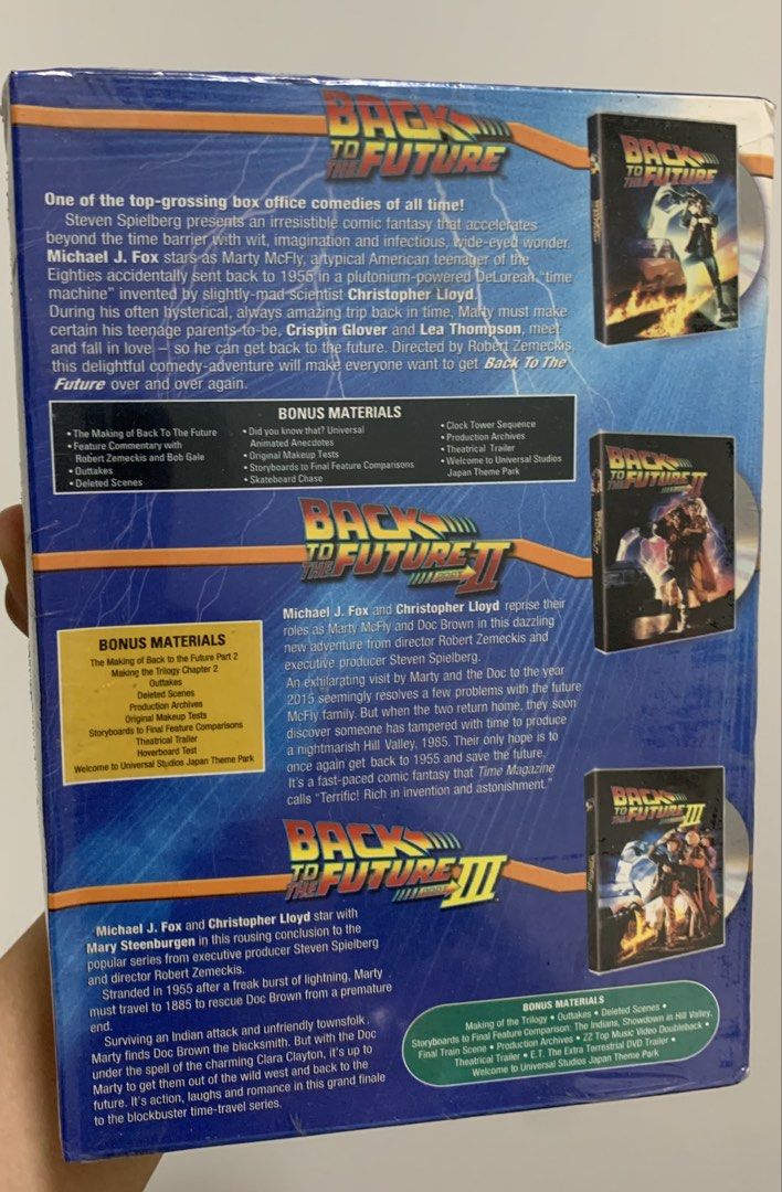 Back To The Future Trilogy DVD Box Set (Category: CDs & DVDs) located in Pasig City. Submitted by thesunshinestore (Listing ID 1468518250, Image 2). Description: - Complete Back To The Future Trilogy on DVD (Parts 1, 2, and 3) - Stars Michael J. Fox and Christopher Lloyd, directed by Robert Zemeckis - Packed with bonus features including making of docs, deleted scenes, outtakes, and audio commentaries - Perfect for collectors or movie nights.