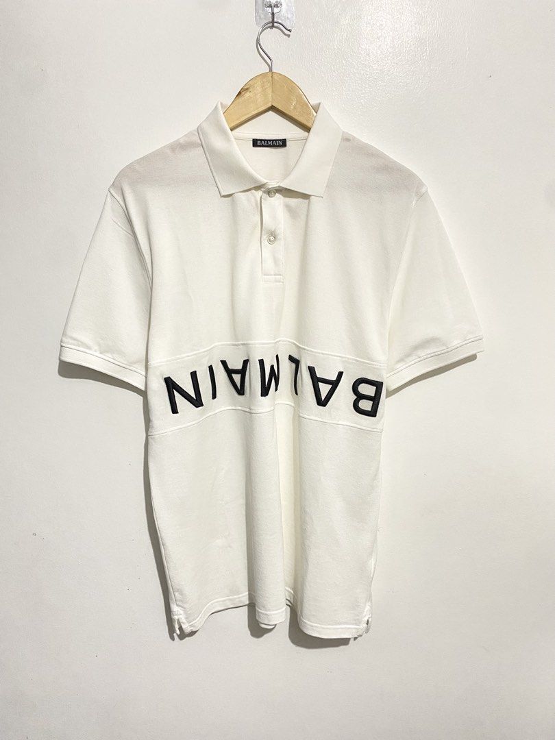 BALMAIN TEXT REVERSE POLO SHIRT WHITE (Category: Formal Shirts) located in Batangas. Submitted by got.thrift (Listing ID 1468535291, Image 1). Description: W-22 L-30 Like New Used Once No Issue.