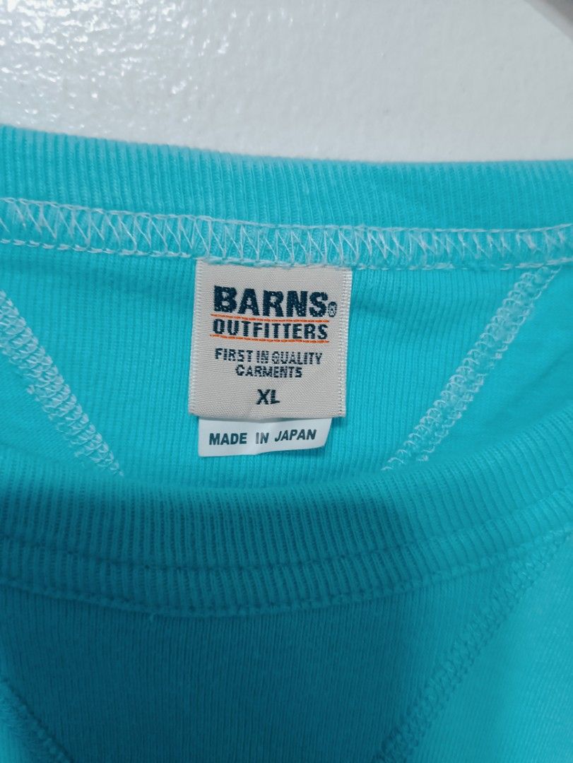 Barns loop wheeled shirt (Category: Activewear) located in Muntinlupa City. Submitted by kamiseta01 (Listing ID 1468630773, Image 3). Description: authentic barns loop wheeled shirt made in Japan medium heavy cotton fabric The highlighted clothing item is a Barns Outfitters COZUN V-Gusset T-Shirt in a vivid turquoise/teal colorway. Barns Outfitters is a renowned Japanese heritage brand highly regarded for producing high-quality basics using vinta