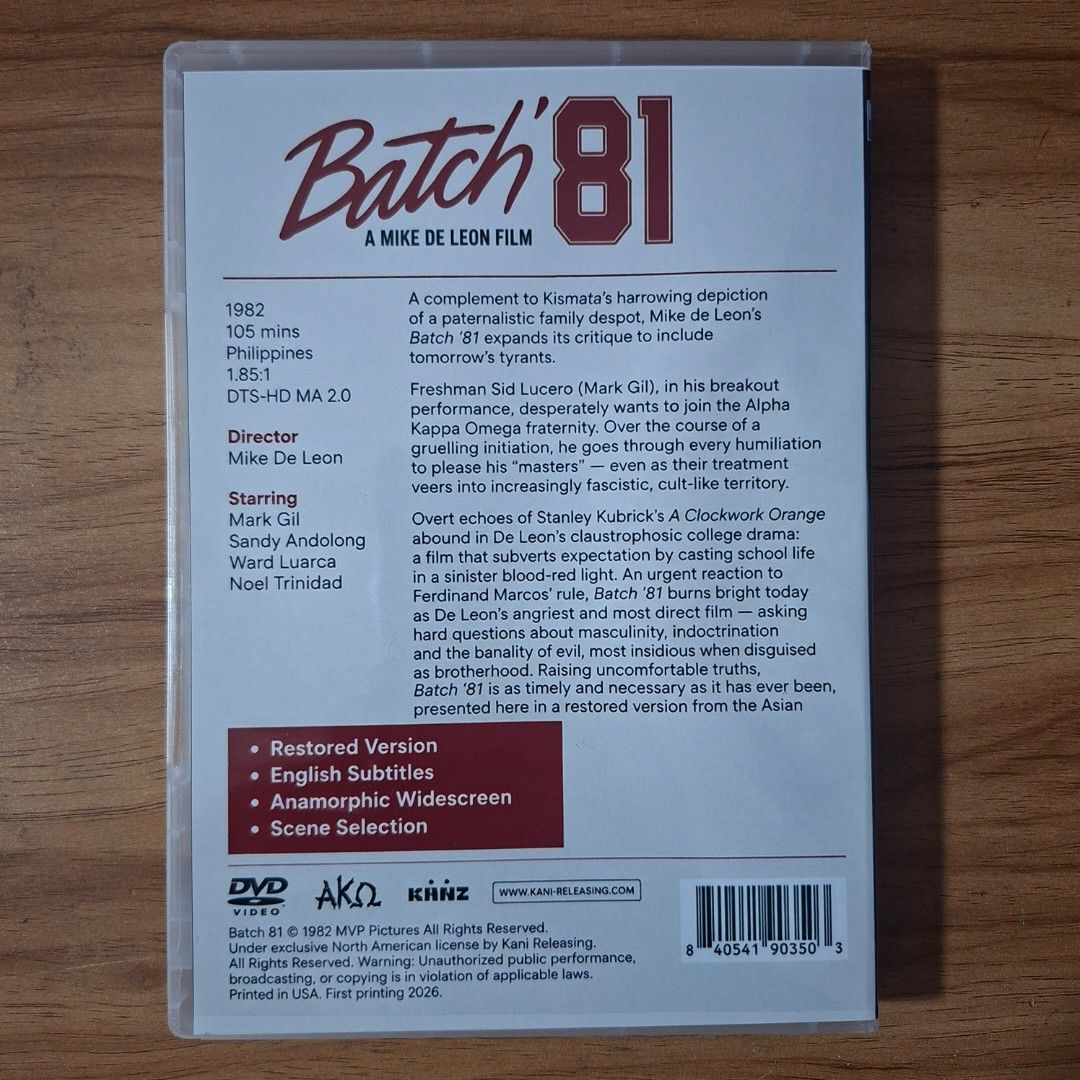 Batch '81 Mike de Leon Restored Version (Custom DVD) (Category: CDs & DVDs) located in Kabankalan. Submitted by Videoshop.ph (Listing ID 1468620360, Image 2). Description: - Title: Batch '81 (1982) - Director: Mike de Leon - Features: English subtitles, anamorphic widescreen, scene selection - Runtime: 105 minutes - Condition: Brandnew Case and disc Note: This is a custom made DVD in best quality..