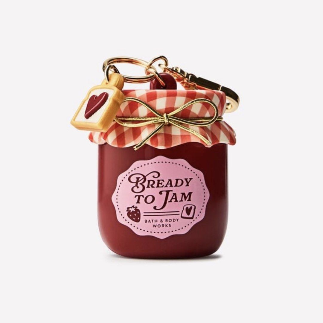 Bath & Body Works Bready to Jam PocketBac Holder (Category: Sanitizers & Disinfectants) located in Manila. Submitted by so.onniemnida (Listing ID 1468500426, Image 2). Description: - Brand: Bath & Body Works - Design: Bready to Jam (Jam jar shape with red gingham lid and toast charm) - Hardware: Gold-toned keyring - Condition: Brand new with original tag attached - Note: PocketBac sanitizer not included ❌ Original Price: 700 SELLING FOR: 450.
