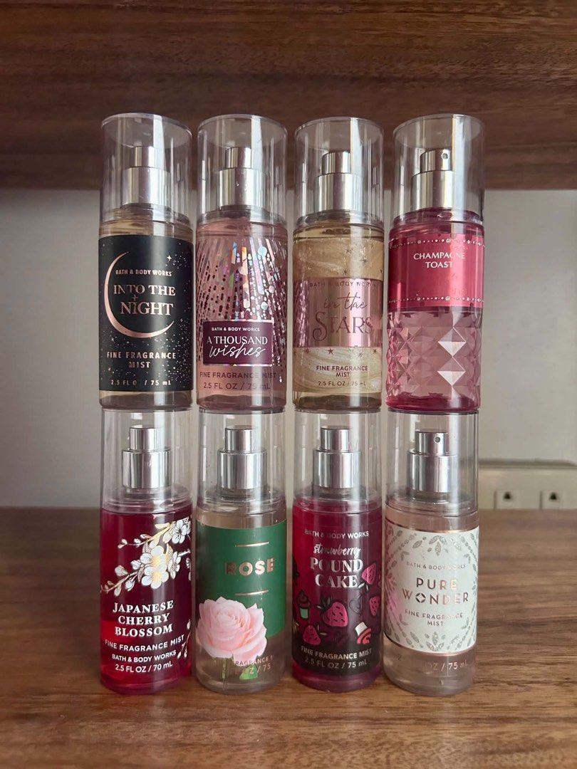Bath and Body Works Mini Mist TAKE ALL 38pcs (Category: Fragrance & Deodorants) located in Santa Rosa. Submitted by miqboutique (Listing ID 1468526083, Image 1). Description: FOR TAKE ALL ONLY‼️ 38pcs mini mist (75ml) Scents: 1 at the beach (free damaged packaging) 1 strawberry pound cake 1 in the stars 2 rose 2 champagne toast 4 a thousand wishes 8 pure wonder 9 japanese cherry blossom 11 into the night ₱9,000 LALAMOVE ONLY‼️ LOC BINAN LAGUNA.