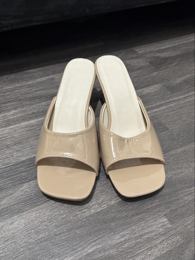 Beige Patent Open Toe Kitten Heels (Category: Heels) located in Taguig. Submitted by rzkei (Listing ID 1468692744, Image 1). Description: RFS: Decluttering - Size: 38 - Heel: Sculpted kitten heel, approximately 2 inches tall - Condition: Clean soles and heels, with a minor scuff on one heel tip (shown in photos) - Used one time for an event - No box 📍 Taguig.