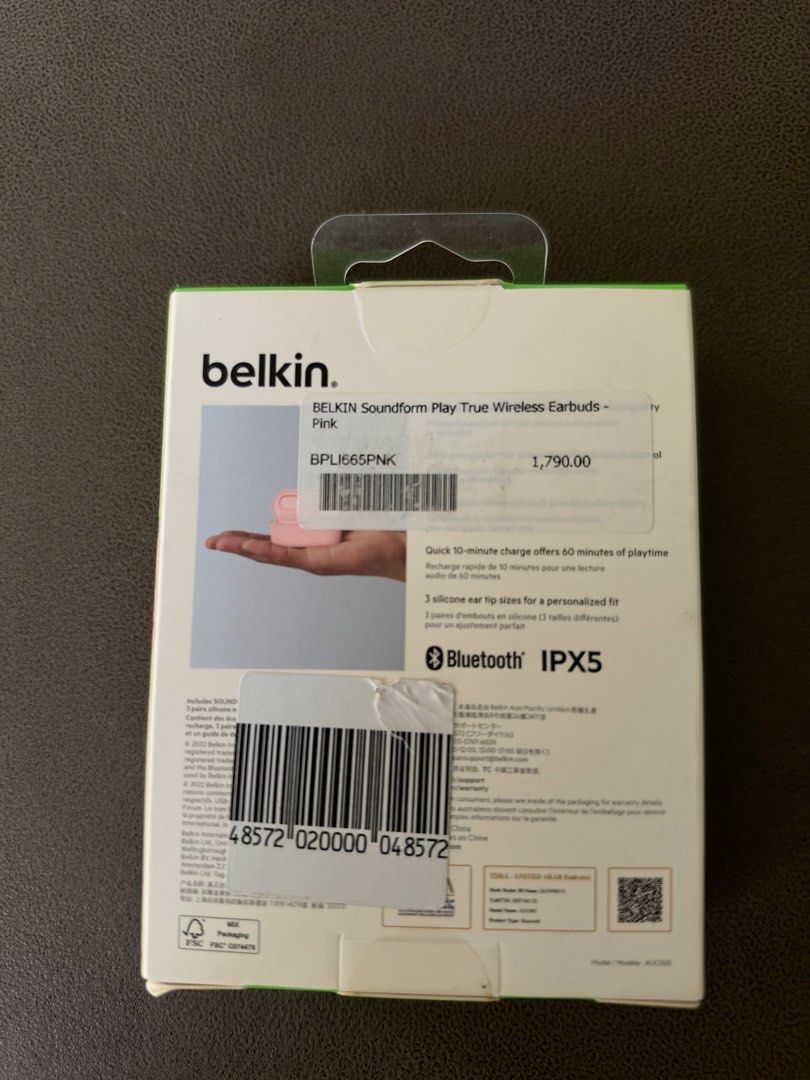 Belkin Soundform Play True Wireless Earbuds Pink (Category: Earphones) located in Batangas. Submitted by janemaraa (Listing ID 1468662296, Image 2). Description: - Brand new and unsealed in original box - Color: Pink - Long battery life with quick charging capability - 4 built-in microphones for crystal-clear calls - Reliable Bluetooth connectivity - IPX5 water-resistant rating for workouts and daily use - Includes 3 pairs of silicone ear tips (S