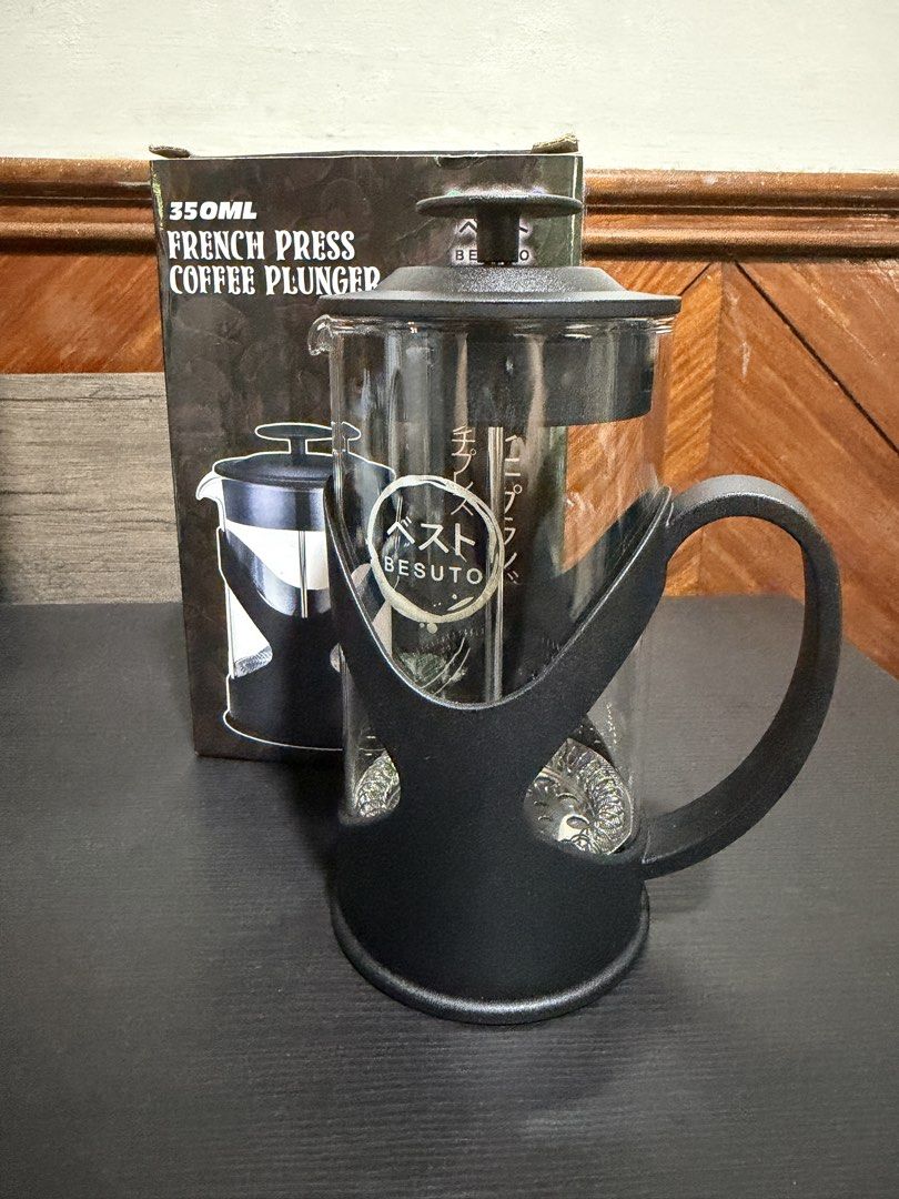 Besuto French Press (Category: Coffee & Tea Tableware) located in Manila. Submitted by db_collective (Listing ID 1468507233, Image 1). Description: - Brand: Besuto - Capacity: 350ml (great for personal coffee or tea) - Condition: Unused - Packaging: Comes with original box.