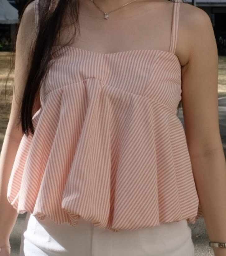 Beyond Collective Pinstripes Pomelo Bubble Trouble Top (Category: Blouses) located in Manila. Submitted by curatedclosetbyj (Listing ID 1468675423, Image 3). Description: - Color: Pinstripes Pomelo - Size: XS-S - RFS: don’t wear it anymore .