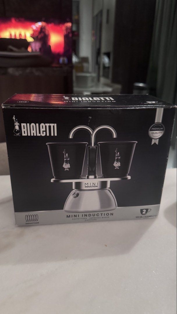 Bialetti Mini Induction Espresso Maker 100ml (Category: Coffee Machines & Makers) located in Mandaluyong City. Submitted by maelovestoshop (Listing ID 1468702504, Image 3). Description: - Brand: Bialetti Mini Induction Espresso Maker - Condition: Unopened box, brand new - Capacity: 2 cups (100ml), includes matching black cups with the classic little man logo - Compatibility: Works on all induction cooktops - Eco-friendly: Zero waste design that c