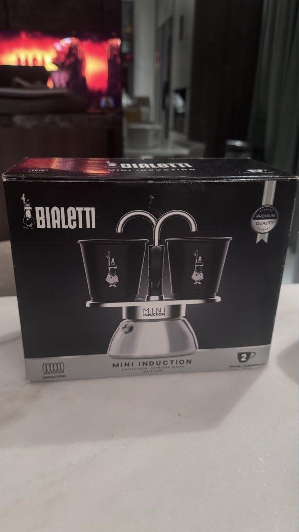 Bialetti Mini Induction Espresso Maker 100ml (Category: Coffee Machines & Makers) located in Mandaluyong City. Submitted by maelovestoshop (Listing ID 1468702504, Image 1). Description: - Brand: Bialetti Mini Induction Espresso Maker - Condition: Unopened box, brand new - Capacity: 2 cups (100ml), includes matching black cups with the classic little man logo - Compatibility: Works on all induction cooktops - Eco-friendly: Zero waste design that c