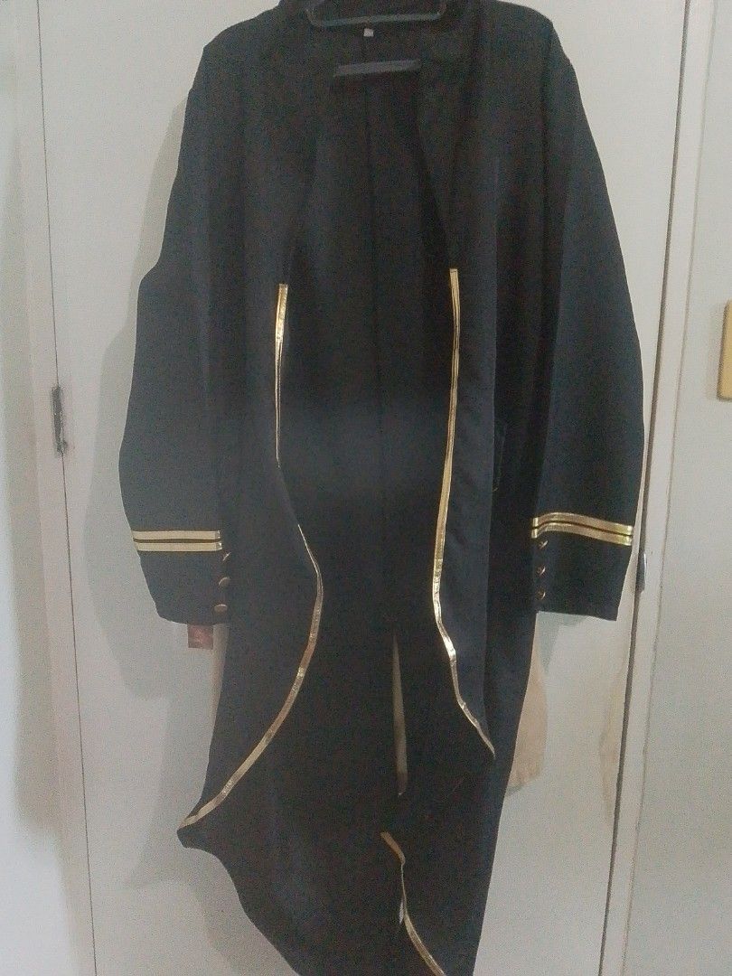 Black and gold tailcoat costume jacket (Category: Coats, Jackets and Outerwear) located in Binan City. Submitted by viicspy (Listing ID 1468709393, Image 1). Description: Price is still negotiable Buyer is responsible for delivery fee MOD: Lalamove MOP: GCash - Style: Black tailcoat jacket with open front - Accents: Metallic gold trim along lapels and double gold stripes on sleeve cuffs with decorative buttons - Material: Lightweight fabric const