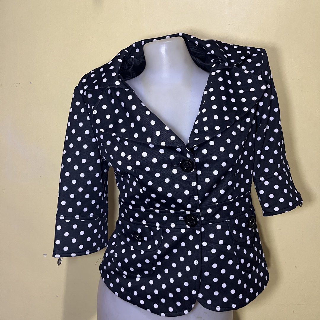 Black and White Polka Dot Blazer Jacket with Zippers (Category: Coats, Jackets and Outerwear) located in Malabon City. Submitted by lunapie (Listing ID 1468617227, Image 3). Description: I- Color/Pattern: Black with white polka dots - Fit: Fitted cut through the torso with textured ribbed fabric - Closure: Two-button front closure - Details: Structured collar, faux waist pockets - Sleeves: Three-quarter length with stylish vertical silver zippers