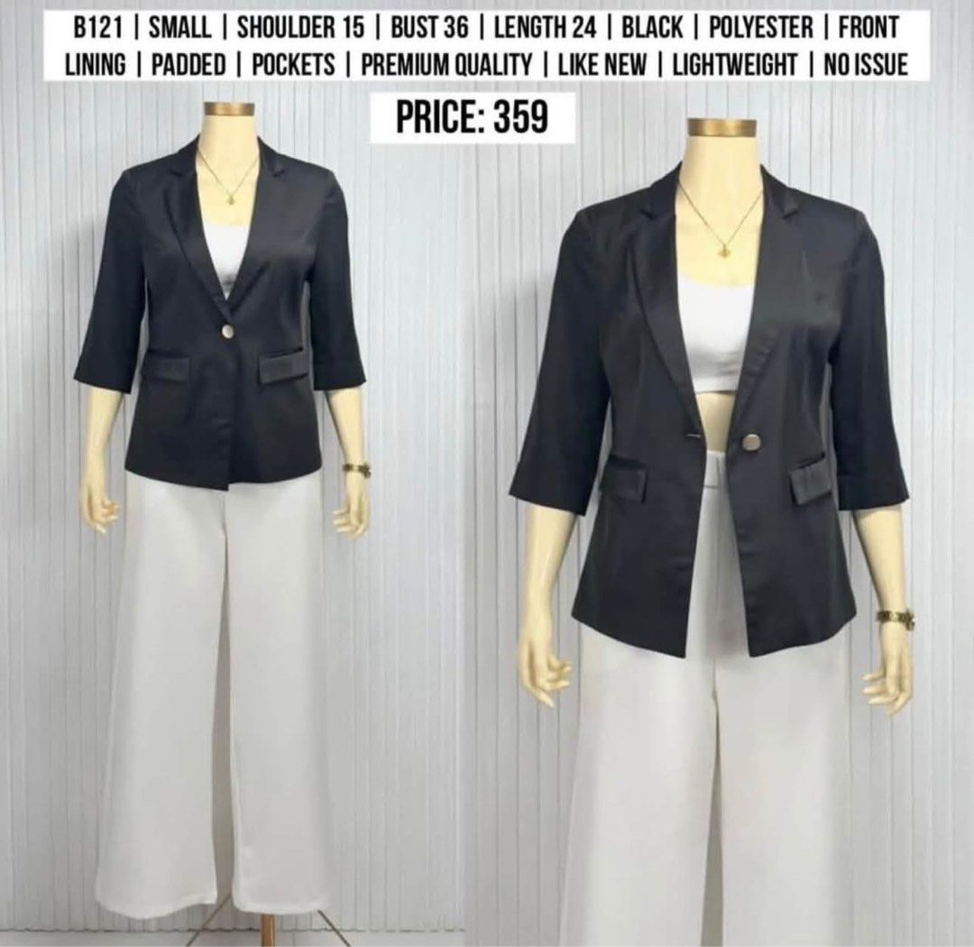 BLACK BLAZER | SMALL (Category: Coats, Jackets and Outerwear) located in Manila. Submitted by superizza (Listing ID 1468706693, Image 1). Description: 🌻Location: Paco, Manila. No physical store 🌻Mannequin estimated height: 5’4 🌻Mqnnequin size: Small 🌻Mannequin waist: 23” 🌻Mannequin thigh circumference: 36” 🌻Items are already washed and front steamed, pwede na suotin if di ka maselan. 🌻All items are thrifted (from ukay bales) unless stated 