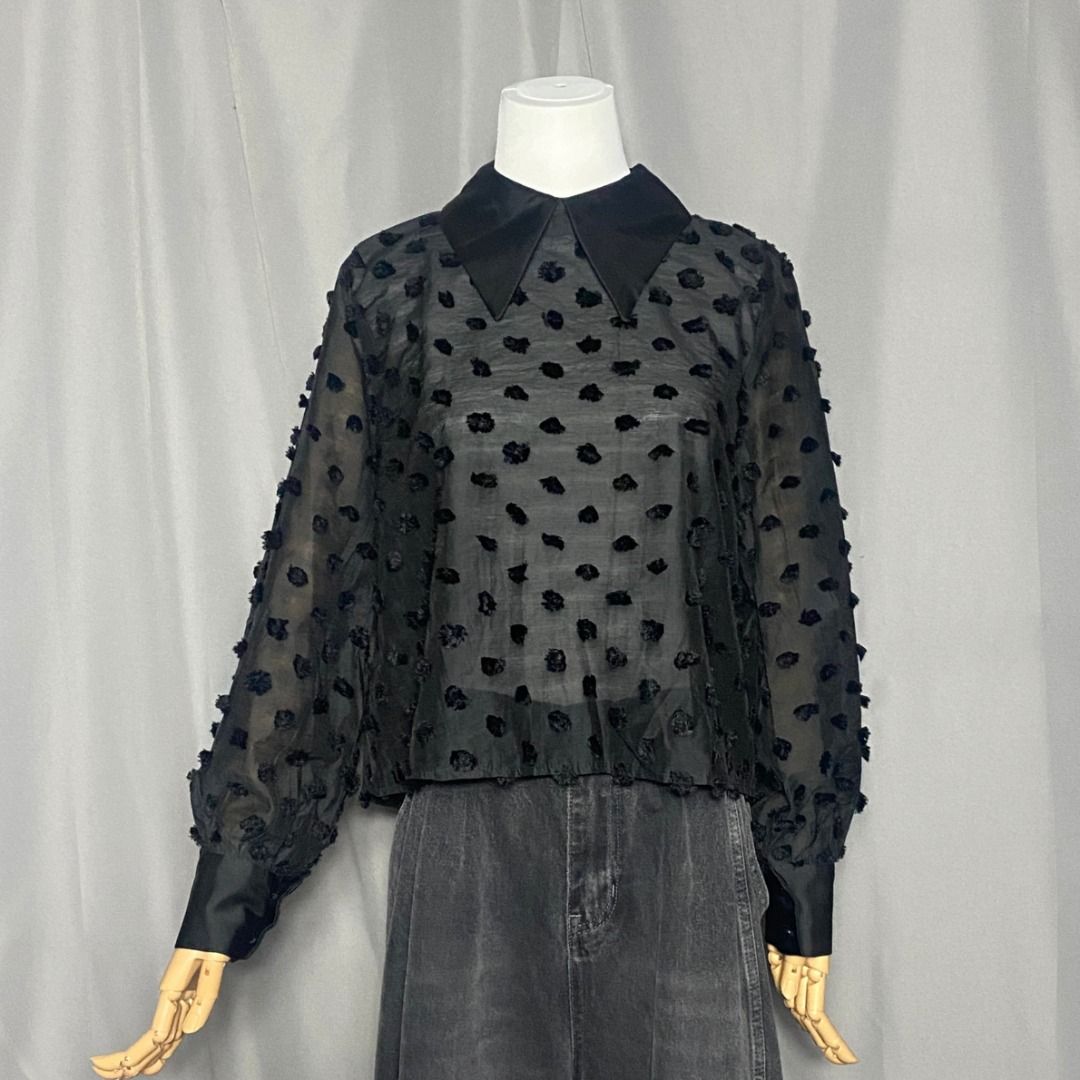 Black dotted semi sheer blouse high quality (Category: Longsleeves) located in Las Pinas. Submitted by ipickyou (Listing ID 1468676909, Image 1). Description: Unwashed Condition: 10/10 𝗠𝗲𝗮𝘀𝘂𝗿𝗲𝗺𝗲𝗻𝘁𝘀 𝘄𝗵𝗲𝗻 𝗹𝗮𝗶𝗱 𝗳𝗹𝗮𝘁: -Shoulder to shoulder: 13 1/2” -Armpit to armpit: 20” -Length: 20 1/2” .