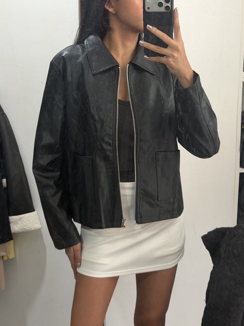 Black Faux Leather Jacket with Front Pockets (Category: Coats, Jackets and Outerwear) located in Pasig City. Submitted by miss_abuelita (Listing ID 1468537111, Image 3). Description: Length 21.5” Shoulder to shoulder 18” Brand Shein.