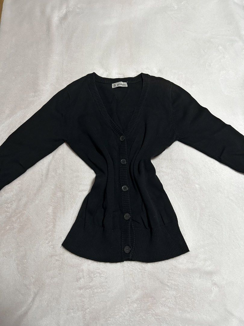 Black Knitted Cardigan 3/4 Sleeves (Category: Longsleeves) located in Taguig. Submitted by my.serendipithrift (Listing ID 1468588772, Image 1). Description: Size: XS-M Thick knitted fabric Working buttons Vneck style 3/4 sleeves Washed and ready to wear.