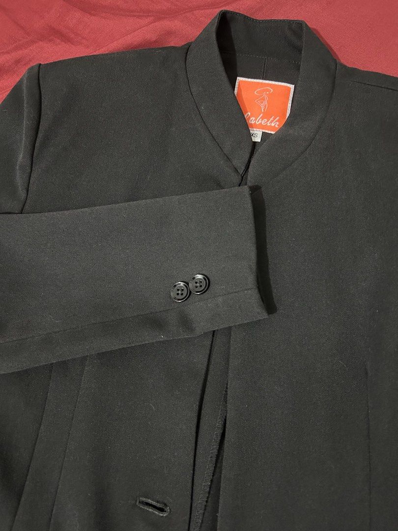 Black Labeth Mandarin Collar Blazer (Category: Coats, Jackets and Outerwear) located in Quezon City. Submitted by yourchingu16 (Listing ID 1468686261, Image 2). Description: - Great for office use - Style: Mandarin collar with a fitted waist - Closure: Single-button front - Pockets: Two front welt pockets - Details: Two decorative buttons on each cuff - Condition: Excellent.