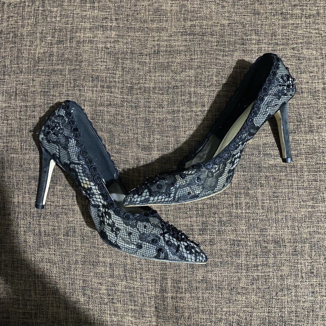 Black Lace Beaded Stiletto Heels (Category: Heels) located in Quezon City. Submitted by lov3dbyrfm (Listing ID 1468683522, Image 2). Description: Size 23.5 | 37 3 inch heels Actual when worn and photo posted. RFS: Wrong size Location: Quezon City Can ship through any courier.