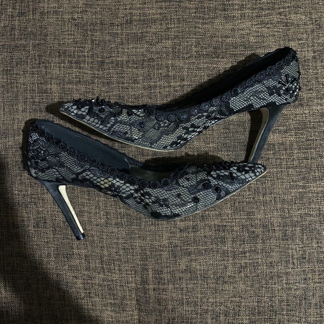 Black Lace Beaded Stiletto Heels (Category: Heels) located in Quezon City. Submitted by lov3dbyrfm (Listing ID 1468683522, Image 3). Description: Size 23.5 | 37 3 inch heels Actual when worn and photo posted. RFS: Wrong size Location: Quezon City Can ship through any courier.