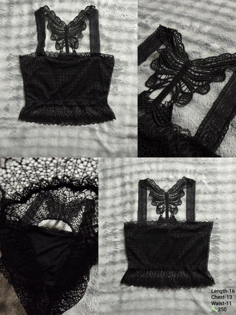 Black Lace Butterfly Back Crop Top (Category: Sleeveless) located in Floridablanca. Submitted by vintager12 (Listing ID 1468543764, Image 1). Description: - Style: Black lace crop top with soft inner lining - Feature: Detailed butterfly design on back straps and cute ruffle hem - Versatility: Great for layering or going out - Measurements: Length 16 inches, Chest 13 inches, Waist 11 inches.