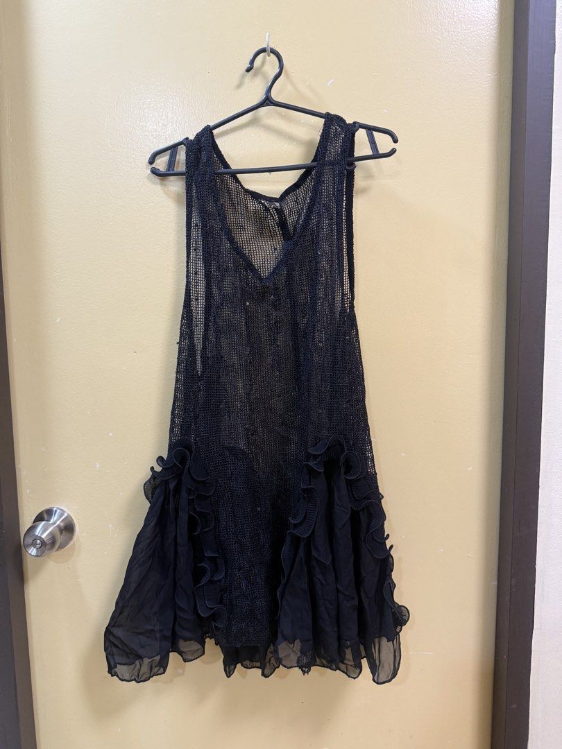 Black Mesh Ruffle Dress Sleeveless (Category: Dresses) located in Makati City. Submitted by shoprory (Listing ID 1468595738, Image 1). Description: - Color: Black - Material: Open mesh fabric with subtle sequin details - Design: Sleeveless, V-neckline, relaxed fit - Feature: Lower section with layered sheer ruffles - Versatile styling: Great for layering over slip dresses or swimwear.