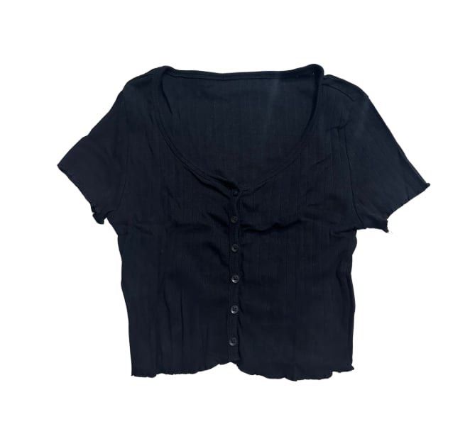 Black Ribbed Crop Top Short Sleeve Button Down (Category: Shirts) located in Manila. Submitted by dechlotter_ (Listing ID 1468630719, Image 1). Description: - Color: Black - Style: Ribbed crop top with short sleeves and scoop neckline - Details: Front button placket with six matching dark buttons - Hem: Wavy lettuce hem at the bottom and cuffs - Fit: Soft, stretchy fabric that hugs the body comfortably - Condition: Clean, no stains or holes, read