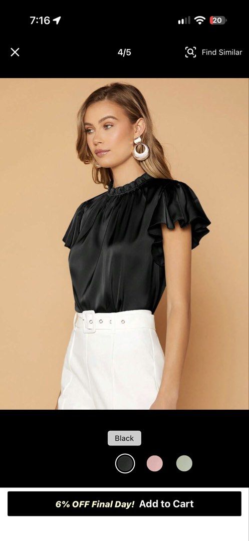 Black Satin Ruffle Flutter Sleeve Mock Neck Blouse (Category: Blouses) located in Cagayan de Oro. Submitted by redbluerider (Listing ID 1468611715, Image 1). Description: Black satin blouse with flutter sleeves and a ruffled mock neck. Keyhole cutout with a button closure in the back. Silky fabric with a subtle sheen. Size S tag attached near the neckline. Clean and ready to wear..