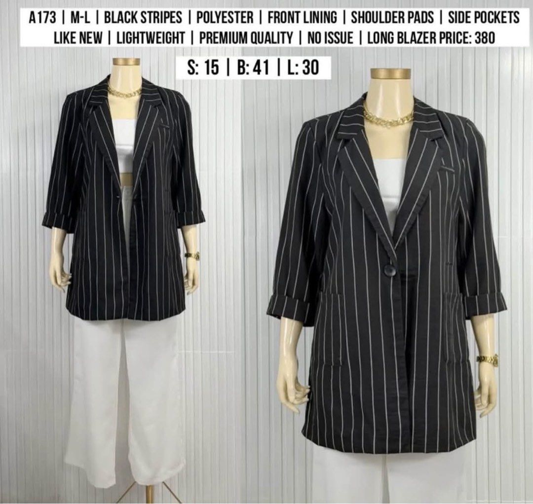 BLACK STRIPES LONG BLAZER| M-L (Category: Coats, Jackets and Outerwear) located in Manila. Submitted by superizza (Listing ID 1468706517, Image 1). Description: 🌻Location: Paco, Manila. No physical store 🌻Mannequin estimated height: 5’4 🌻Mqnnequin size: Small 🌻Mannequin waist: 23” 🌻Mannequin thigh circumference: 36” 🌻Items are already washed and front steamed, pwede na suotin if di ka maselan. 🌻All items are thrifted (from ukay bales) unle