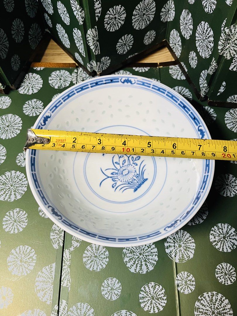 Blue and White Rice Grain Porcelain Dinnerware Set (Category: Dinnerware & Cutlery) located in Malabon City. Submitted by mgsurplus (Listing ID 1468655176, Image 3). Description: -3 large bowls, 5 small soup bowls, 5teacups ,4 spoons - Traditional blue and white Chinese porcelain tableware set - Features a translucent rice grain pattern with hand-painted floral centers and geometric borders - Includes a complete matching set of large serving bowl