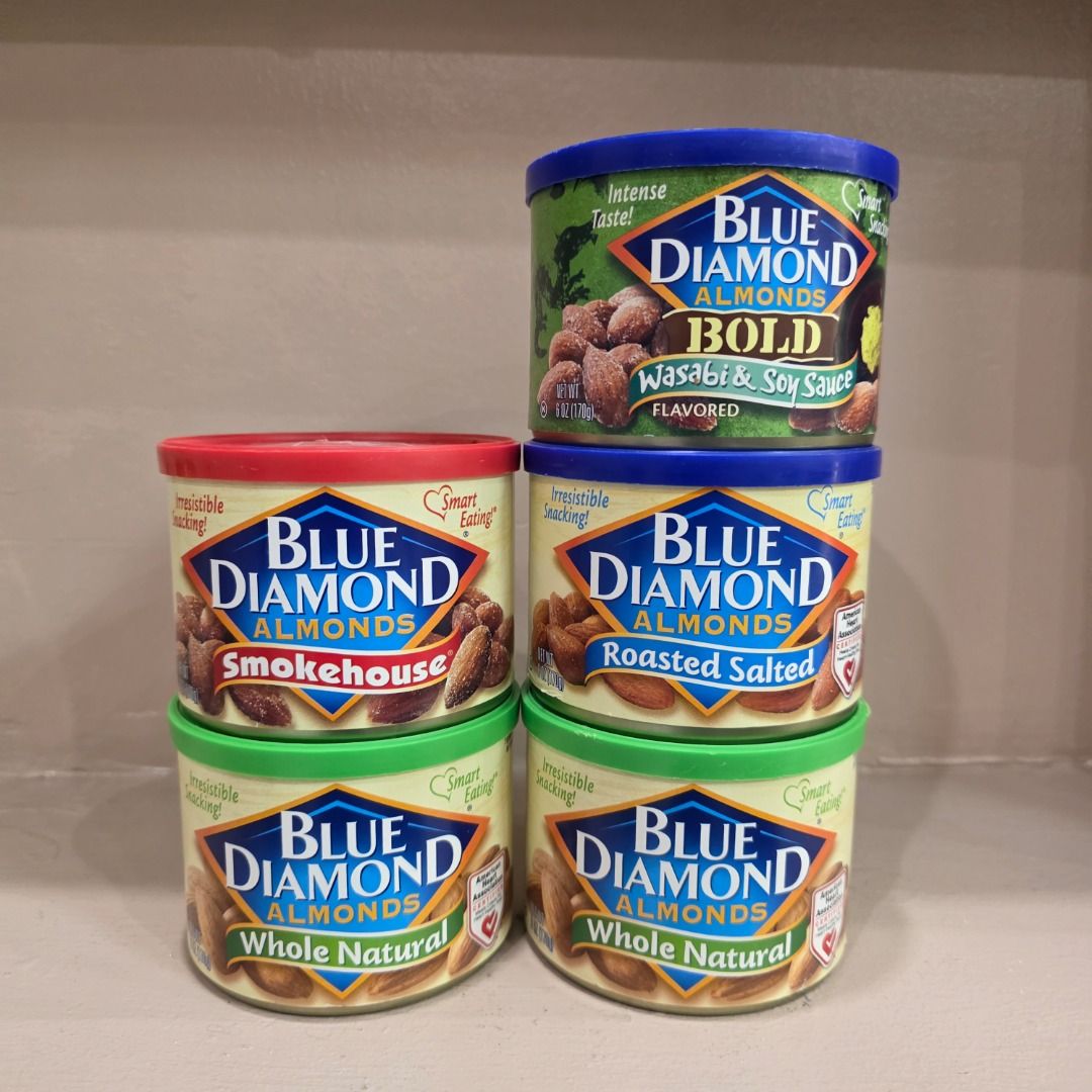Blue Diamond Almonds Assorted Flavors 5-Pack Cans (Category: Packaged & Instant Food) located in Marikina City. Submitted by tienvoph (Listing ID 1468655049, Image 1). Description: AVAILABLE FLAVORS & EXPIRATION DATES 1. Roasted Salted Price 299 - Classic roasted almonds with a savory salted flavor. - Expiration Date: April 1, 2028 2. BOLD Wasabi & Soy Sauce Price 369 - Bold almonds with a flavorful wasabi and soy sauce seasoning. - Expiration Da